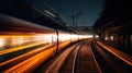 long exposure train passing, night railway station, light trails, wide-angle lens Royalty Free Stock Photo