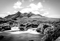 Long exposure view of Cuillin hills, a range of rocky mountains located on the Isle of Skye in Scotland Royalty Free Stock Photo