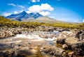 Long exposure view of Cuillin hills, a range of rocky mountains located on the Isle of Skye in Scotland Royalty Free Stock Photo