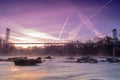 A long exposure view of Dinckley Suspension Bridge at sunrise which crosses the River Ribble near Hurst Green before it was