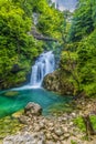 A long exposure view of the falls on the Radovna River at the end of the Vintgar Gorge in Slovenia