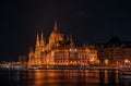 Long exposure view of Hungarian Paliament National Assembly by Danube river in the evening