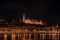 Long exposure view of Matyas matthias Church on Fisherman`s Bastion hill in Budapest in the night Royalty Free Stock Photo