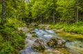 A long exposure view past large rocks in the riverbed of the Mostnica river in the Mostnica gorge in Slovenia Royalty Free Stock Photo