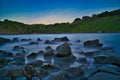 Long exposure view from sea, rocks and mountains in the back