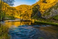 A long exposure view at sunset of the River Dove valley at Dovedale, UK Royalty Free Stock Photo