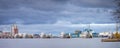 Long exposure view Thames barrier, a retractable barrier system designed to prevent the floodplain of most of Greater London