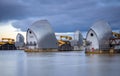 Long exposure view Thames barrier, a retractable barrier system designed to prevent the floodplain of most of Greater London