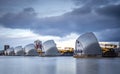Long exposure view Thames barrier, a retractable barrier system designed to prevent the floodplain of most of Greater London