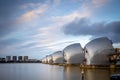 Long exposure view Thames barrier, a retractable barrier system designed to prevent the floodplain of most of Greater London