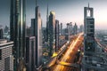 Long exposure view of traffic and skyline from rooftop at sunset Dubai - UAE Royalty Free Stock Photo