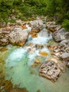 Long exposure of the vivid turquoise Soca river valley near Bovec in Triglav National Park, Julian Alps, Slovenia Europe. Royalty Free Stock Photo