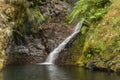 Long exposure of a waterfall flowing from rocky cliffs into a small pool in Madeira Royalty Free Stock Photo