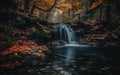 Long exposure waterfall in the forest during autumn.