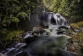 Long exposure waterfall, rocks, forest, sunlight Royalty Free Stock Photo