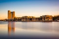 Long exposure of waterfront condominiums at the Inner Harbor in Royalty Free Stock Photo