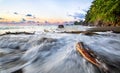 Waves crashing on driftwood at sunset, Costa Rica Royalty Free Stock Photo