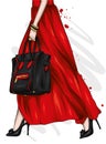 Long female legs in a beautiful skirt and high-heeled shoes. Stylish bag. Fashion and style, clothing and accessories.