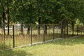 A long fence and gate made of black sharp iron bars Royalty Free Stock Photo