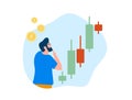 Long financial stock or crypto market concept. Male trader looks at rising Japanese candlestick chart and thinks how to