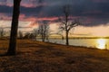 A long footpath in the park covered with yellow winter grass with bare winter trees along the banks of the Mississippi river