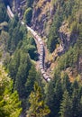 Long freight train passing through the evergreen woods and mountains. Cargo train with fuel passing through the forest Royalty Free Stock Photo