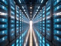 Modern Data Center Hallway with Glowing Server Racks Royalty Free Stock Photo