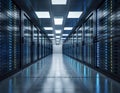Long futuristic server room corridor with rows of illuminated server racks and reflective floor lighting Royalty Free Stock Photo