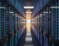 Long futuristic server room corridor with rows of illuminated server racks and reflective floor lighting Royalty Free Stock Photo