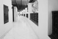 Long gallery corridor with columns in perspective in black and w Royalty Free Stock Photo