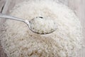 Long grain rice in a spoon against the background of rice. Indian rice groats. Close-up.