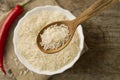 Long grain rice in a wooden spoon on a background plates, chili pepper . Healthy eating, diet Royalty Free Stock Photo