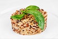 Long grain white and brown rice cooked with green leafs Royalty Free Stock Photo