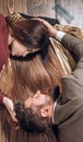 Long hair care. Fashion haircut. Hairdresser, beauty salon. Long hair for fashion couple.