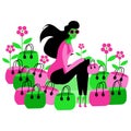 Long hair Fashion woman in sun glasses with bags and flowers ill