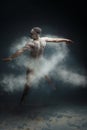 Long hair muscle man dancer in dust. Lung cancer concept Royalty Free Stock Photo