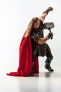 Man in cosplaying Thor isolated on white studio background Royalty Free Stock Photo