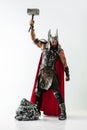 Man in cosplaying Thor isolated on white studio background Royalty Free Stock Photo