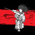 Long Hair Samurai Attacking With His Katana, Hand Drawn Illustration