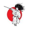 Long Hair Samurai Attacking With His Katana, Hand Drawn Illustration