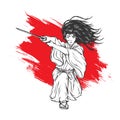 Long Hair Samurai Attacking With His Katana, Hand Drawn Illustration