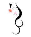 Long hair style icon, logo women face with flower on white background. Royalty Free Stock Photo