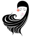 Long hair style icon, logo women face with flower on white background.