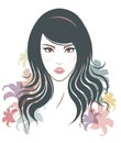 Long hair style icon, logo women face and flowers Royalty Free Stock Photo