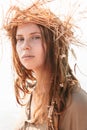 Long Hair Woman in Boho Fashion with Crown of Hay Royalty Free Stock Photo
