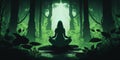 in focus long hair Woman in lotus pose in sillhouette practicing yoga in green forest