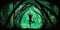 in focus long hair Woman in lotus pose in sillhouette practicing yoga in green forest