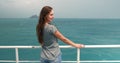Long hair woman standing on the ferry boat deck Royalty Free Stock Photo