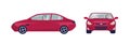 Long haired brunette woman driving red sedan car. Female driver and her automobile. Front and side views. Cartoon