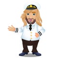 Long-haired captain of the ship in uniform and cap isolated on white background. Vector cartoon close-up illustration. Royalty Free Stock Photo